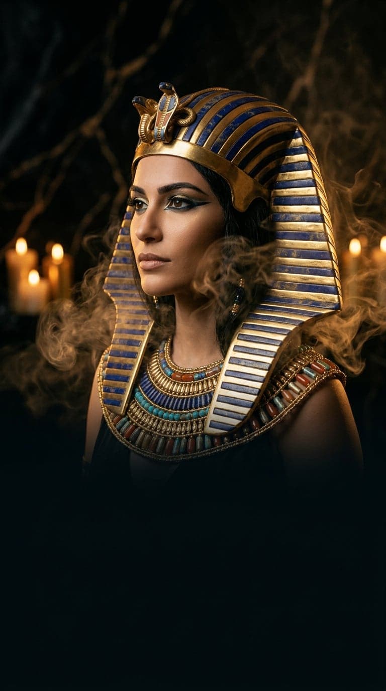 Cleopatra, the Egyptian pharaoh queen, in a gold and lapis headdress surrounded by warm golden hookah smoke